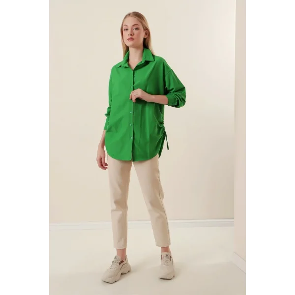 20132 İp Büzgülü Oversize Gömlek  Yeşil