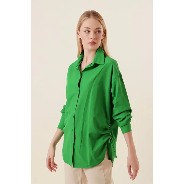 20132 İp Büzgülü Oversize Gömlek  Yeşil