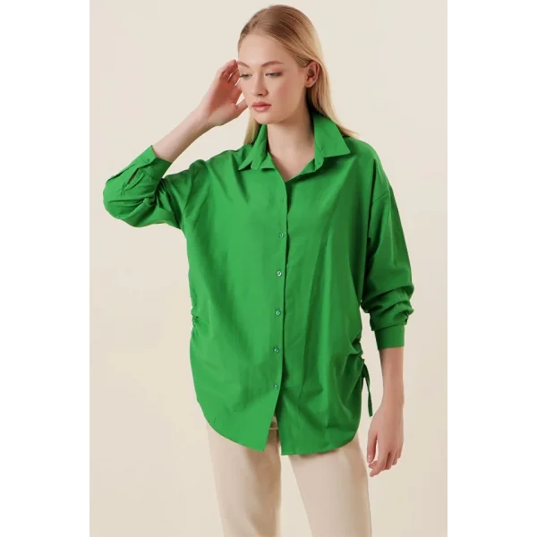 20132 İp Büzgülü Oversize Gömlek  Yeşil