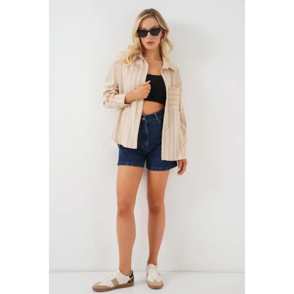 20143 Cepli Oversize Gömlek - Krem