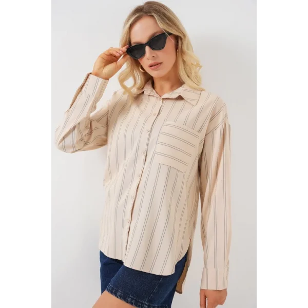 20143 Cepli Oversize Gömlek - Krem