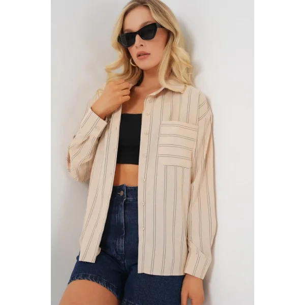 20143 Cepli Oversize Gömlek - Krem