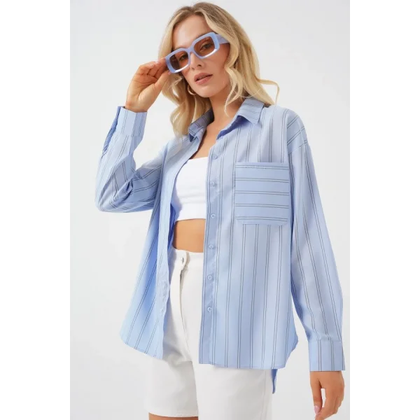 20143 Cepli Oversize Gömlek - Mavi