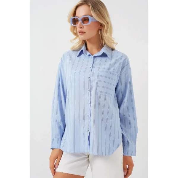 20143 Cepli Oversize Gömlek - Mavi