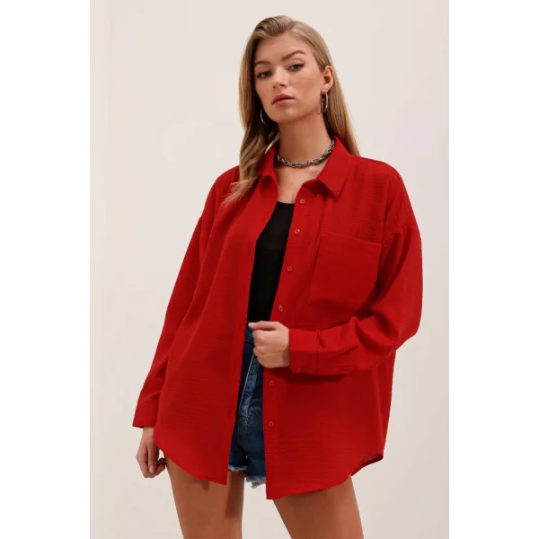 20153 Tek Cepli Oversize Gömlek  Kırmızı