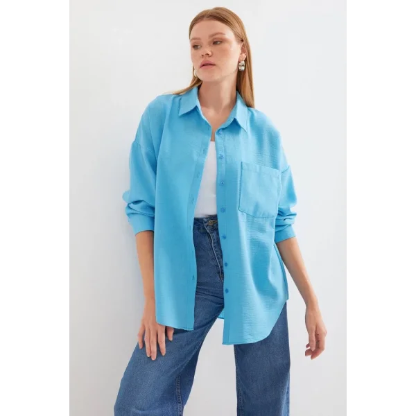 20153 Tek Cepli Oversize Keten Gömlek - Açık Mavi