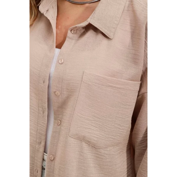 20153 Tek Cepli Oversize Keten Gömlek  Bej