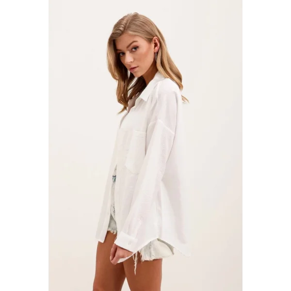 20153 Tek Cepli Oversize Keten Gömlek  Beyaz