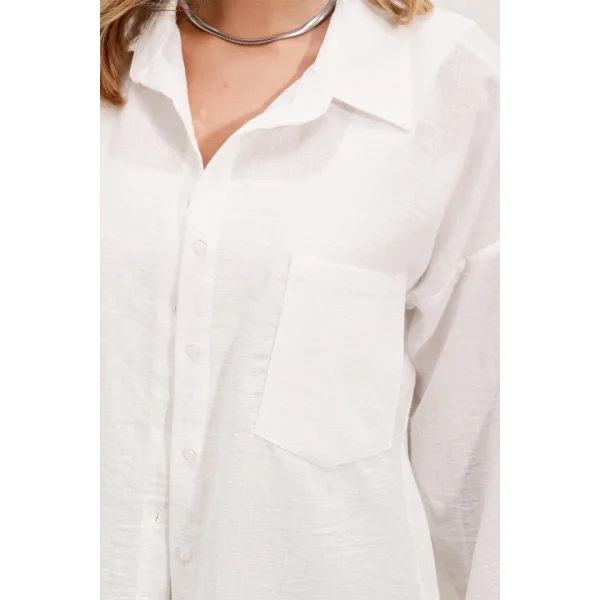 20153 Tek Cepli Oversize Keten Gömlek  Beyaz