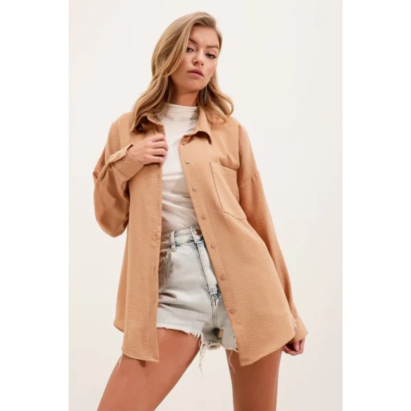 20153 Tek Cepli Oversize Keten Gömlek  Bisküvi