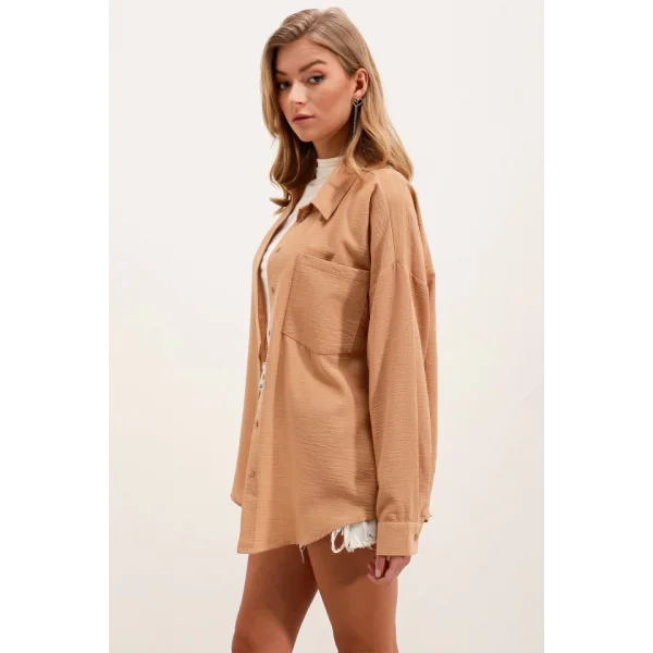 20153 Tek Cepli Oversize Keten Gömlek  Bisküvi