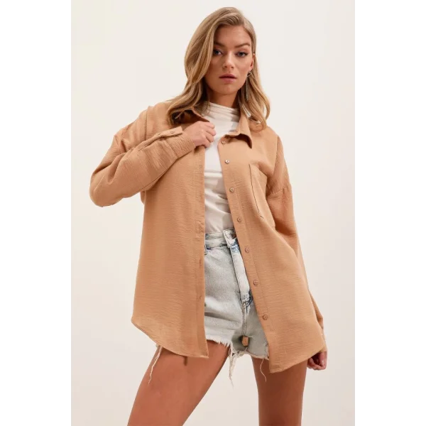 20153 Tek Cepli Oversize Keten Gömlek  Bisküvi