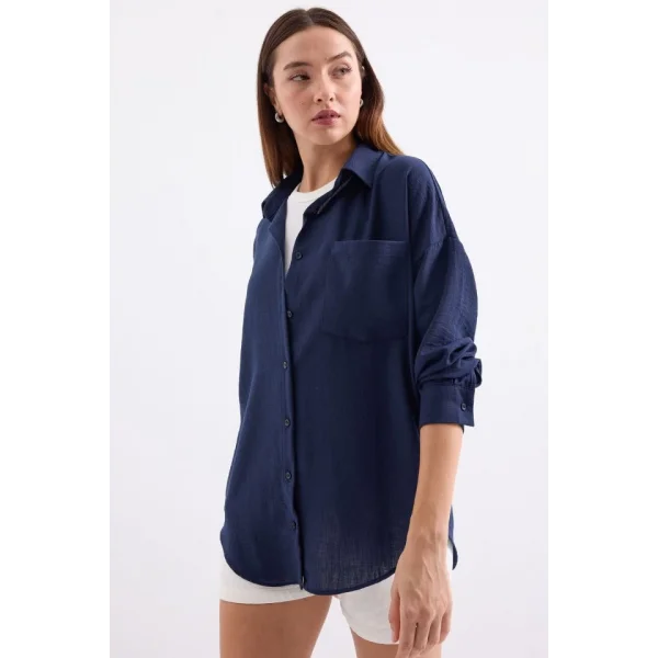 20153 Tek Cepli Oversize Keten Gömlek - D.Lacivert