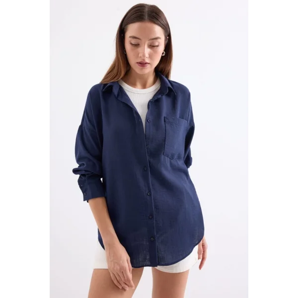 20153 Tek Cepli Oversize Keten Gömlek - D.Lacivert