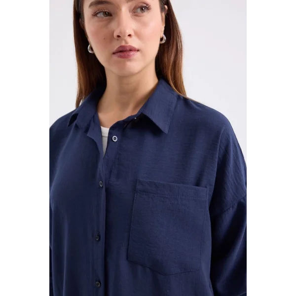 20153 Tek Cepli Oversize Keten Gömlek - D.Lacivert