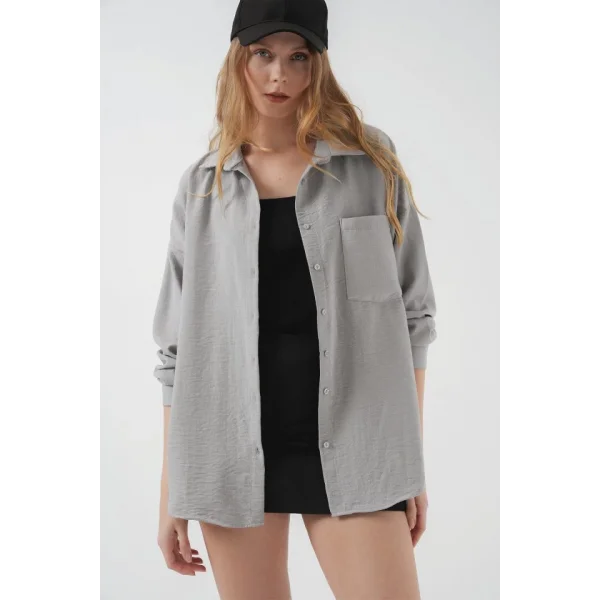 20153 Tek Cepli Oversize Keten Gömlek  Gri