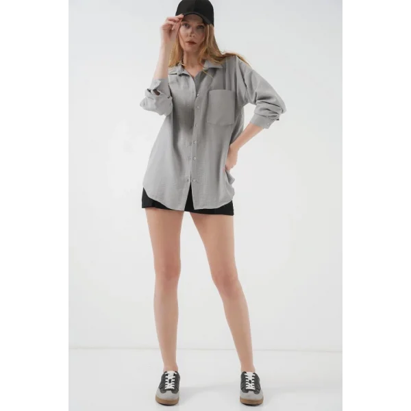 20153 Tek Cepli Oversize Keten Gömlek  Gri