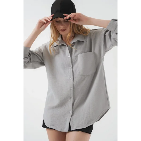 20153 Tek Cepli Oversize Keten Gömlek  Gri