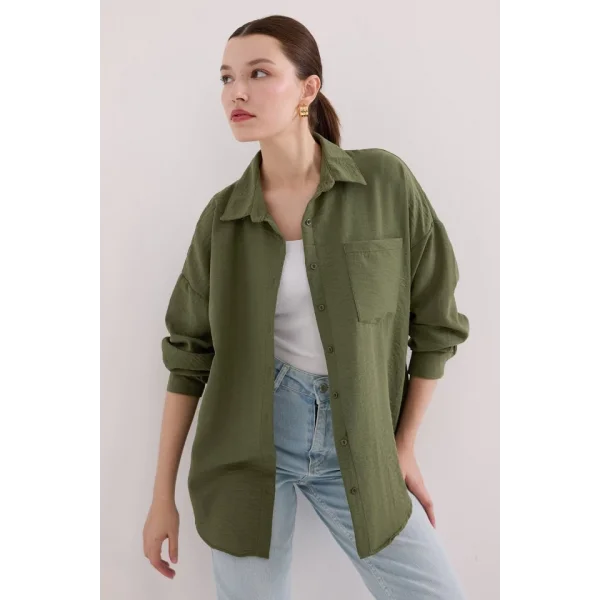 20153 Tek Cepli Oversize Keten Gömlek - Haki