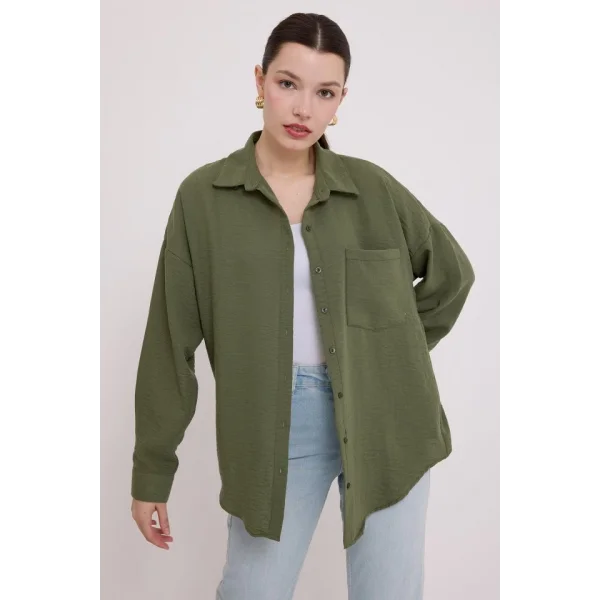 20153 Tek Cepli Oversize Keten Gömlek - Haki