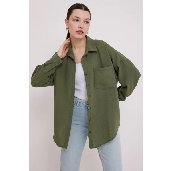 20153 Tek Cepli Oversize Keten Gömlek - Haki