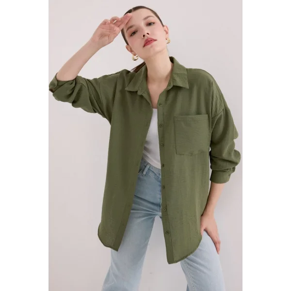 20153 Tek Cepli Oversize Keten Gömlek - Haki