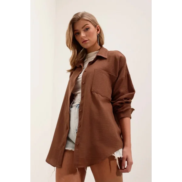 20153 Tek Cepli Oversize Keten Gömlek  Kahverengi