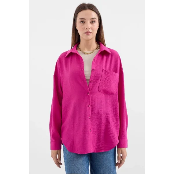 20153 Tek Cepli Oversize Keten Gömlek  Koyu Pembe