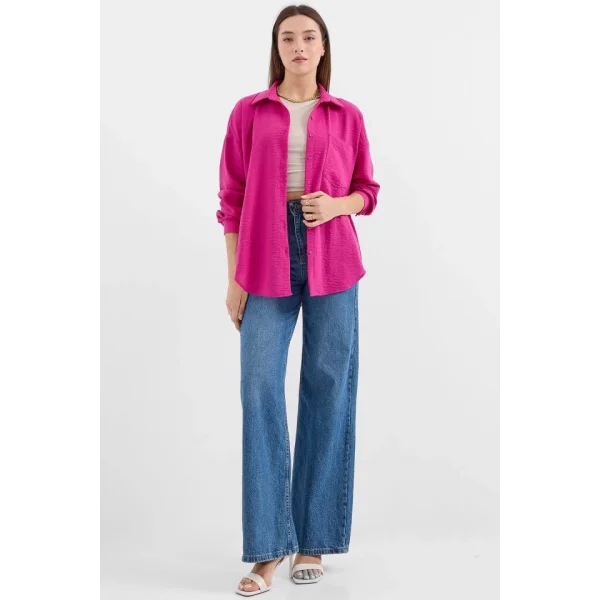 20153 Tek Cepli Oversize Keten Gömlek  Koyu Pembe
