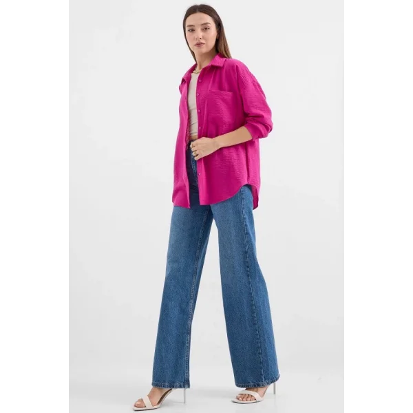 20153 Tek Cepli Oversize Keten Gömlek  Koyu Pembe