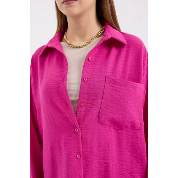 20153 Tek Cepli Oversize Keten Gömlek  Koyu Pembe