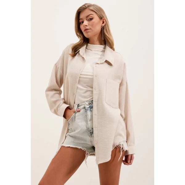 20153 Tek Cepli Oversize Keten Gömlek  Krem