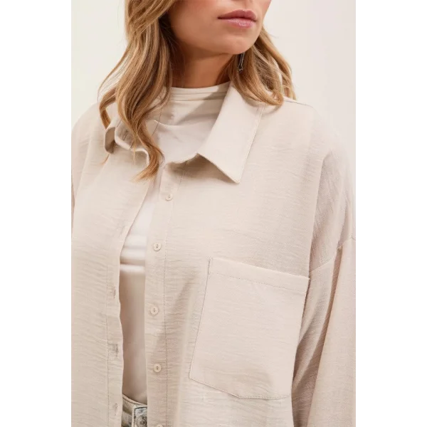 20153 Tek Cepli Oversize Keten Gömlek  Krem
