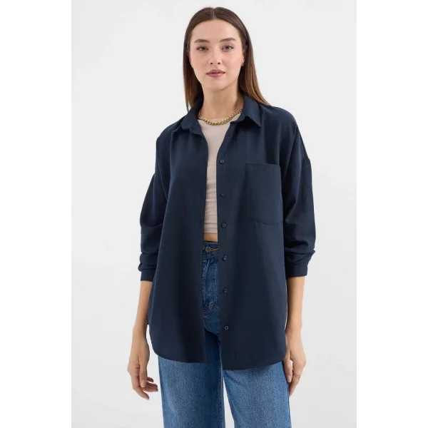 20153 Tek Cepli Oversize Keten Gömlek  Lacivert
