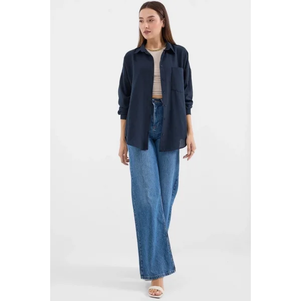 20153 Tek Cepli Oversize Keten Gömlek  Lacivert