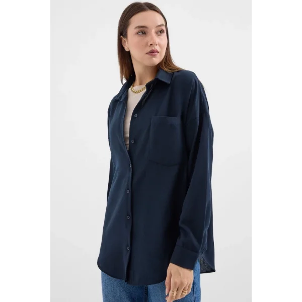 20153 Tek Cepli Oversize Keten Gömlek  Lacivert