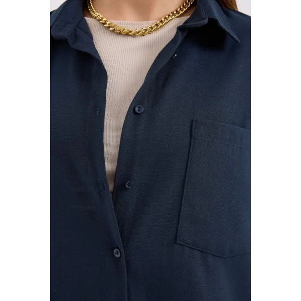 20153 Tek Cepli Oversize Keten Gömlek  Lacivert