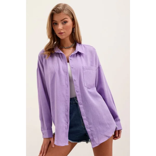 20153 Tek Cepli Oversize Keten Gömlek  Lila