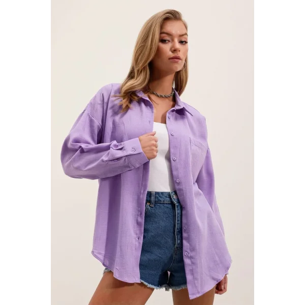 20153 Tek Cepli Oversize Keten Gömlek  Lila