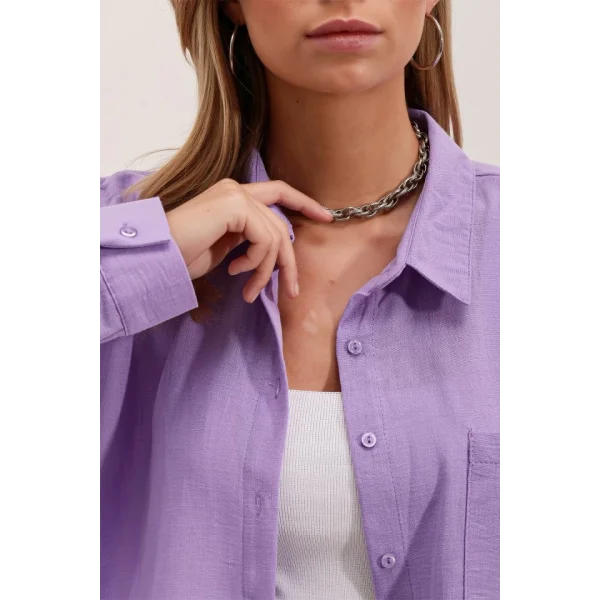 20153 Tek Cepli Oversize Keten Gömlek  Lila