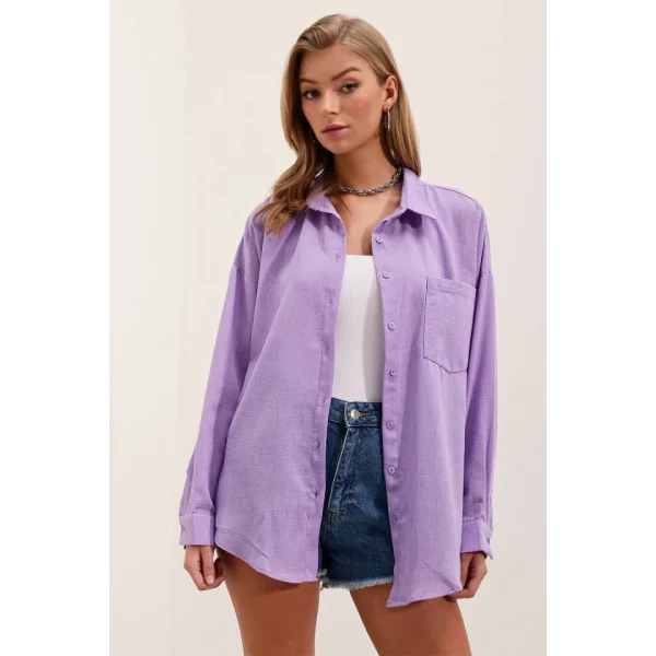 20153 Tek Cepli Oversize Keten Gömlek  Lila