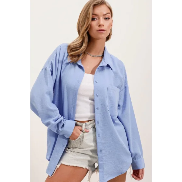 20153 Tek Cepli Oversize Keten Gömlek  Mavi