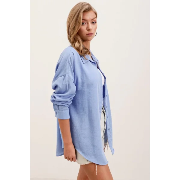 20153 Tek Cepli Oversize Keten Gömlek  Mavi