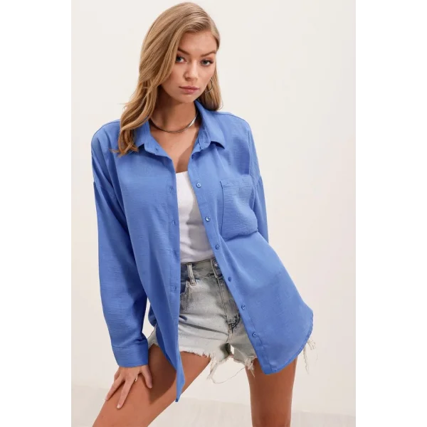 20153 Tek Cepli Oversize Keten Gömlek  Saks