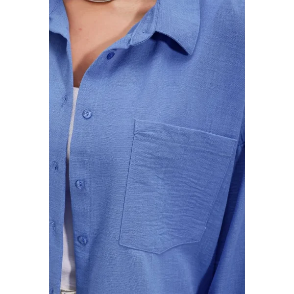 20153 Tek Cepli Oversize Keten Gömlek  Saks