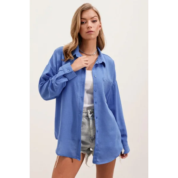 20153 Tek Cepli Oversize Keten Gömlek  Saks
