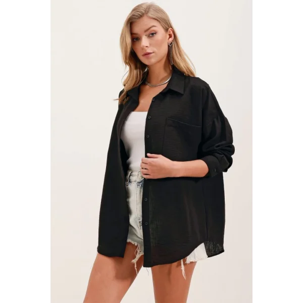 20153 Tek Cepli Oversize Keten Gömlek  Siyah