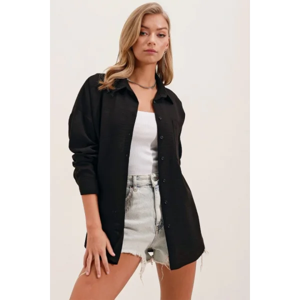 20153 Tek Cepli Oversize Keten Gömlek  Siyah