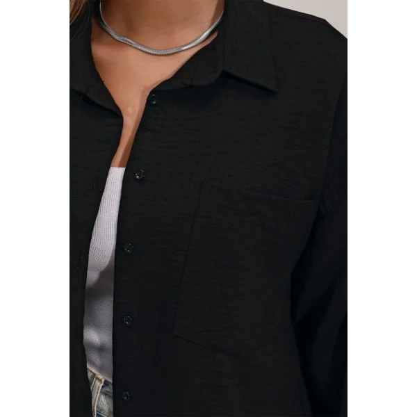 20153 Tek Cepli Oversize Keten Gömlek  Siyah