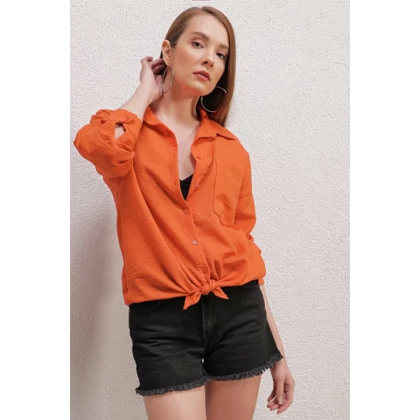20153 Tek Cepli Oversize Keten Gömlek  Turuncu